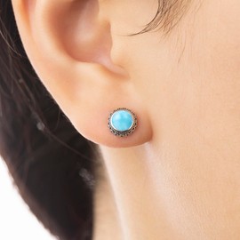 Small Genuine Blue Larimar 925 Sterling Silver Hypoallergenic Studs Earrings Jewelry for Women Dainty Trendy Antiqued Silver Earrings Jewelry Gifts for Women and Young Lady Her Keenove