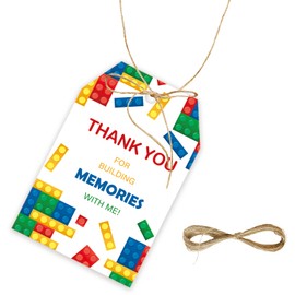 50pcs Building Blocks Thank You Tags, Bricks Birthday Party Favors Gift Tag with String, Bricks Favor Tags for Birthday, Building Block Party Favors