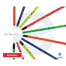 Nataraj Fluro Prints - 10 Wooden Pencils Eraser Sharpener - Students Kids School Home