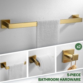 VELIMAX Premium Stainless Steel 5 Pieces Bathroom Hardware Accessories Set Wall Mounted Towel Bar Set, Brushed Gold, 24-Inch