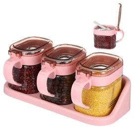 Lemecima 3 Pcs Pink Sugar Coffee Container Set Glass Condiment Jar Spice Container Station Organizer Set with Lable Stickers Scoop for Bean and Sugar Candy, Oats, Nuts