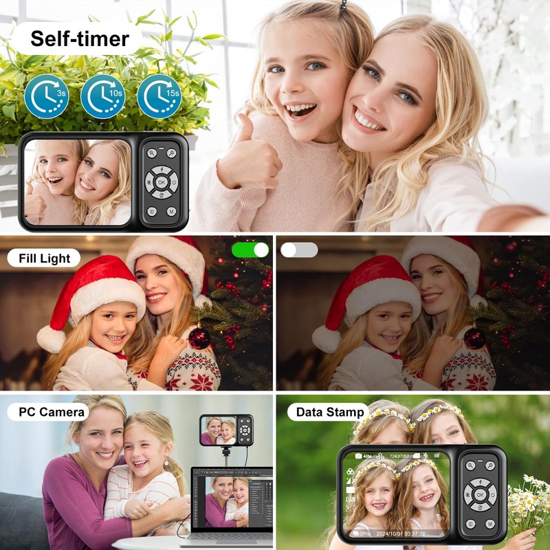 QUOLODOO Digital Camera, 4K 64MP Dual Screens Camera, 18X Zoom,