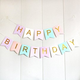Pastel Rainbow Gold Happy Birthday Banner Bunting Garland Flag Party Supplies Decoration for Kids Girls