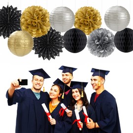 Black Gold Silver Party-Decorations Streamers-Lanterns - 14pcs Graduation 2025 Paper Fan,Tissue Flower Pom Poms Streamers,Honeycomb Balls,Men Birthday Wedding Baby Bridal Shower Decor Ouruola