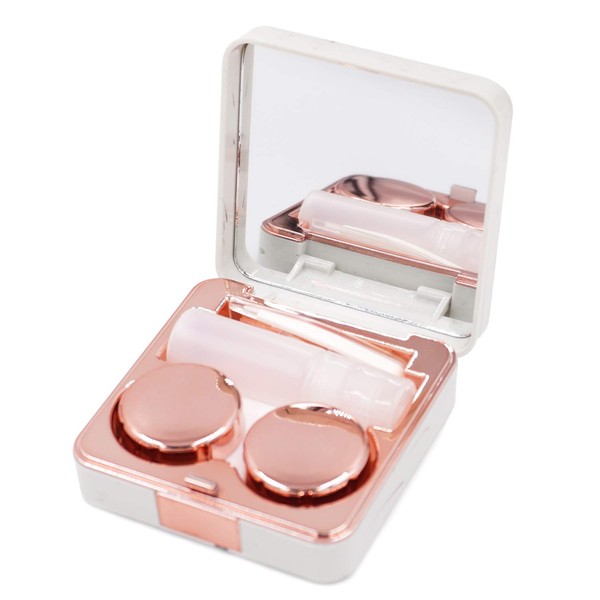 HONBAY Fashion Marble Contact Lens Case Portable Contact Lens Box Kit with Mirror (Square) (Rose Gold)