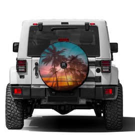 KiuLoam Coconut Palm Trees Beach Sunset Spare Tire Cover with Backup Camera Hole Universal Sunscreen Waterproof Wheel Covers for Trailer RV SUV Truck and Many Vehicles (17" for Diameter 31"-33")