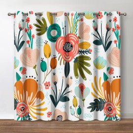 Jekeno Floral Blackout Curtains, Boho Colorful Flowers Print Decor for Home Bedroom Living Room Grommet Window Darkening Drapes, 52 Wide 63 Long Inches 2 Panel Set