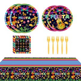 Mexican Fiesta Party Tableware Fiesta Dining Plate Dessert Plate Napkin TableCloth Set Happy Fiesta Party Decoration Supplies Serves 16 Guests