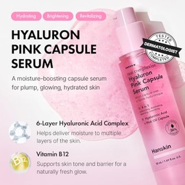 Hanskin Hyaluron Pink Capsule Serum – Ácido hialurónico de 6 capas para hidratación profunda, brillo de la piel de vidrio y resplandor rosa | Soporte 