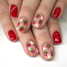 RUPOFUZA Press on Nails Square Short Fake Nails Red False Nails with Lovely White Flowers and Strawberries Design Acrylic Artificial Nails Extra Short Glue on Nails for Women Girls 24Pcs