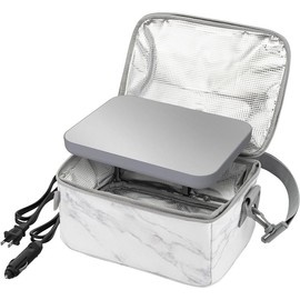 Heat - Electric Lunch Bag & Food Warmer for Reheating Meals in Car, at Work & More - Heated Lunch Box Warmer for Adults, Students & Shift Workers, 12V/24V Auto & 120V Wall Cords (Sand) - Color: White Marble