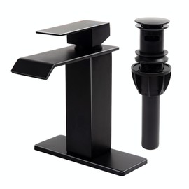 Besdor Waterfall Bathroom Faucet, Matte Black Single Hole Bathroom Faucets for 1 or 3 Hole Bathroom Sink Faucet, Vanity Faucet with Deck Plate, Pop-up Drain and Supply Hoses, 304 Stainless Steel
