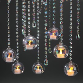 GlikCeil 56 Pcs 3.15'' Hanging Glass Tealight Holder Globe with K9 Crystal Garland Strands,Teardrop Pendant Hanging Tealight Candle Holder Orbs Air Plant for Wedding Centerpiece Party Decor (Colorful)