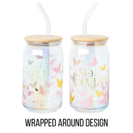 Silver Buffalo Wicked Glinda So Popular Butterflies Foil and Iridescent 16oz Glass Tumbler w Bamboo Lid and Glass Straw