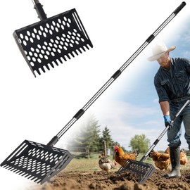 Chicken Poop Scooper & Rake, 2-in-1 Heavy Duty Metal Chicken Coop Scoop with Adjustable Length (36"–65"), Poultry Litter Tools Scooper Sand Sifting Shovel for Chicken Coops Animal Farms & Poultry Run