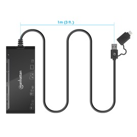 Manhattan 7 in 1 USB C & USB A Combo Multi Card Reader – Long 3 ft Cable – 5Gbps USB 3.0 - SD, TF, CF, Micro SD, XD. MS - Multiple Adapter Hub – 3 Yr Mfg Warranty – 102605