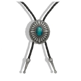 Yjfeshion Cowboy Bolo Tie Natural Color Stone Turquoise Obsidian Handmade Leather Bola Tie Western Cowboy Necklace Accessories for Men Women Vintage Silver Sword Green Stone