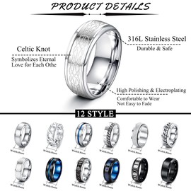 JeryWe 12 Pcs Stainless Steel Rings for Men Women Fidget Rings for Anxiety Cool Spinner Rings Black Band Spinner Rings Set Size 8