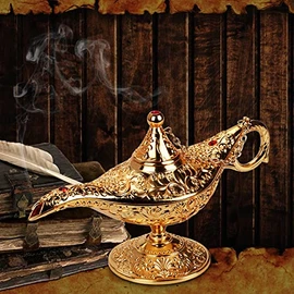 Aladdin Genie Lamp Made of Zinc Alloy, Genie Light Lamp, Aladdin Light Magic Genie Light Metal Carved Legend Lamp Wishing Light Pot Decor 21 x 11 x 7.2 cm