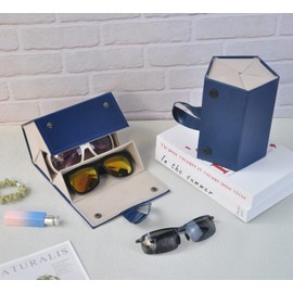 Huspox Sunglass Organizer Storage, Leather Sunglasses Case Travel Organizer with 5 Slots Compartment for Multiple Glasses (Navy)