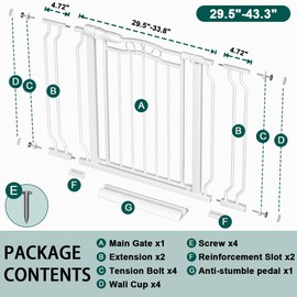 Fairy Baby 29.5"-43.7" Extra Wide Baby Gate No Drilling, 30" Tall Auto Close Press Mounted Baby Gate for Doorways, Adjustable Width Walk Through Dog Pet Gates, White