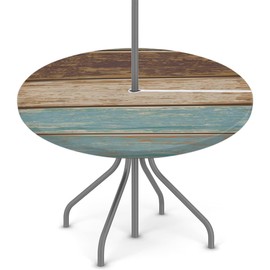 Outdoor Tablecloth Plank Wooden Vintage Round Fitted Table Cover with Zipper and Umbrella Hole, Waterproof Elastic Edged Table Cover for Party, Picnic and Patio, Fits Tables up to 45"-56" Diameter