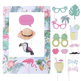 FUNZZY Tropical Theme Flamingo Photo Frame Photo Booth Set Hawaiian Frame Picture Props Summer Pineapple Luau Party Photo Posing Props 16Pcs