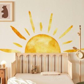RAINBOW WSK Boho Sun Wall Decals Watercolor Sunshine Wall Stickers Yellow Half Sun Wall Decor for Kids Removable Peel and Stick Wall Mural Art for Baby Bedroom Nursery Classroom Preschool MS8451-NH