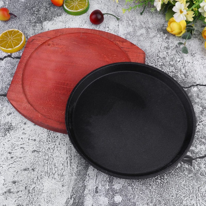 DOITOOL Nonstick Sizzling Steak Plate with Wooden Base Cast Iron