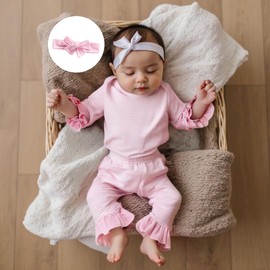 Dobeiokal Newborn Baby Girl Fall Winter Clothes Ruffles Striped Long Sleeve Romper Bodysuit Elastic Pants Set Cute Coming Home Outfit(A-Pink Striped,3-6 Months)