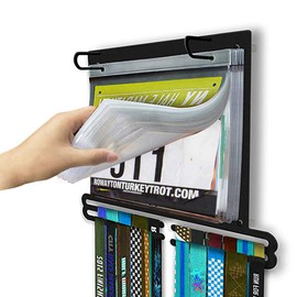 Jolitac Sports Medal Awards Display Rack Wall Mounted Marathon Medals Hanger Holder for 60+ Medals 100 Runner Race Bibs 20 Bibs Flip Vinyl Sleeves