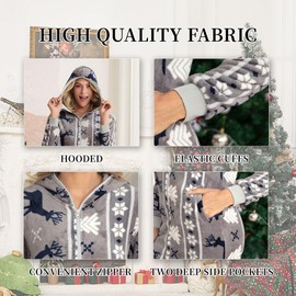 EK4YDNDS Womens Couple Lightweight Fleece Onesie Pajamas, Hooded Printed Zipper Pjs Set Christmas Cozy Jumpsuit Sleepwear Warm (GREY DEER, M)