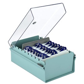 Acrimet 3 x 5 Card File Holder Organizer Box Metal Base Heavy Duty (AZ Index Cards and Divider Included) (Green Color with Clear Crystal Plastic Lid Cover)