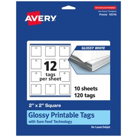 Avery Printable Square Tags with Sure Feed Technology, 2" x 2", Glossy White Cardstock, Laser/Inkjet Compatible, 120 Count, Ideal for Custom Gift and Branding Tags