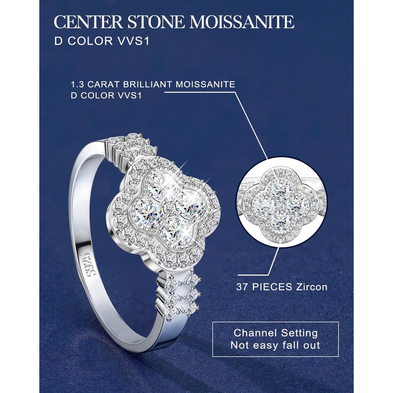 RoseShadow Sterling Silver Moissanite Clover Rings for Women Lucky Rings