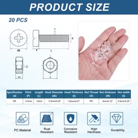 sourcing map 20Pcs M3x15mm PC Clear Cross-recessed Countersunk Screws and Hex Nuts Kit, Plastic Machine Screws Round Head Acrylic Bolts