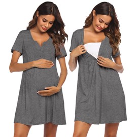 Ekouaer Womens, Labor/Delivery/Maternity/Nursing, Short Breastfeeding Nightgown Nightshirt for Hospital, Mid-grey, Medium