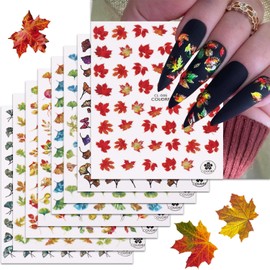 8 Sheets Maple Leaf Nail Art Stickers Fall Designs Nail Decals 3D Self Adhesive Stickers Nail Art Supplies Leaves of Colors Stickers for Women Girl Nails Decorations Manicure