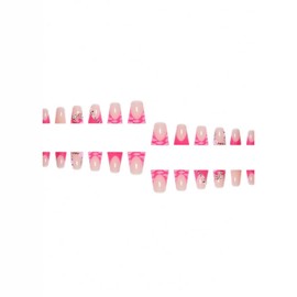 24 Pcs Pink Handmade Press on Nails Duck Fake Nails with Glue Reusable False Nails Kit Glitter Rhinestone 3D Flower Nail Art Design Short Medium Duck Nails Full Cover Stick on Nails for Women