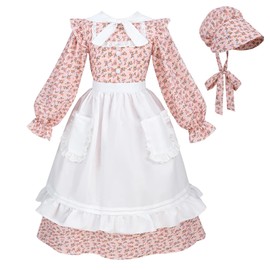 LTAKK Colonial Dress Girls Pioneer Costume Prairie Pilgrim Girl Dresses Long Sleeves, Coral Pink, XL, age over 4 years old