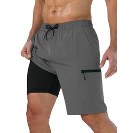 Vogyal Mens Bathing Suit for Men 9 Inch Swimming Trunks Quick-Dry Swimsuits with Compression Liner and Zipper Cargo Pockets, Grey, X-Large