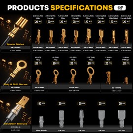 DxCRIMP Crimping Tool Kit, 14-Type Open Spade & Quick-Disconnect Connector Set (2.8/3.9/4.8/6.3 mm) Non-Insulated Brass Terminals, 24–14 AWG Ratcheting Crimper, for Automotive, Marine, Appliance, DIY