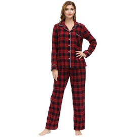 MoFiz Women's Long Sleeve Cotton Warm Checked Sleepwear Pyjamas Suit with Button Placket Sleepwear Autumn and Winter, No.81358