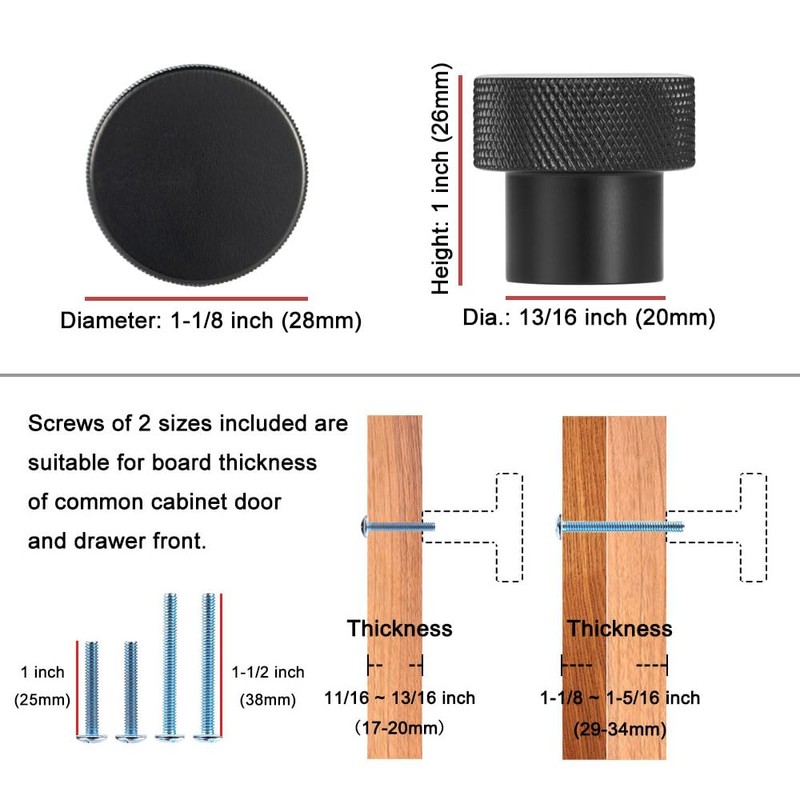KOOFIZO 20-Pack Knurled Cabinet Knob - Black Pull Handle (28mm