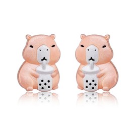 S925 Sterling Silver Capybara Earrings for Women, Cute Boba Stud Earrings, Hypoallergenic Rose Gold Animal Jewelry for Sensitive Ears