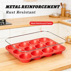 Helpcook 2Pack Silicone Muffin Pans with Metal Reinforced Frame,12 Cup Regular Size Silicone Cupcake Pan,Muffin Tin,Nonstick Cupcake Baking Molds for Muffins,Cupcakes,Egg Bites,BPA Free (2Pack Red)