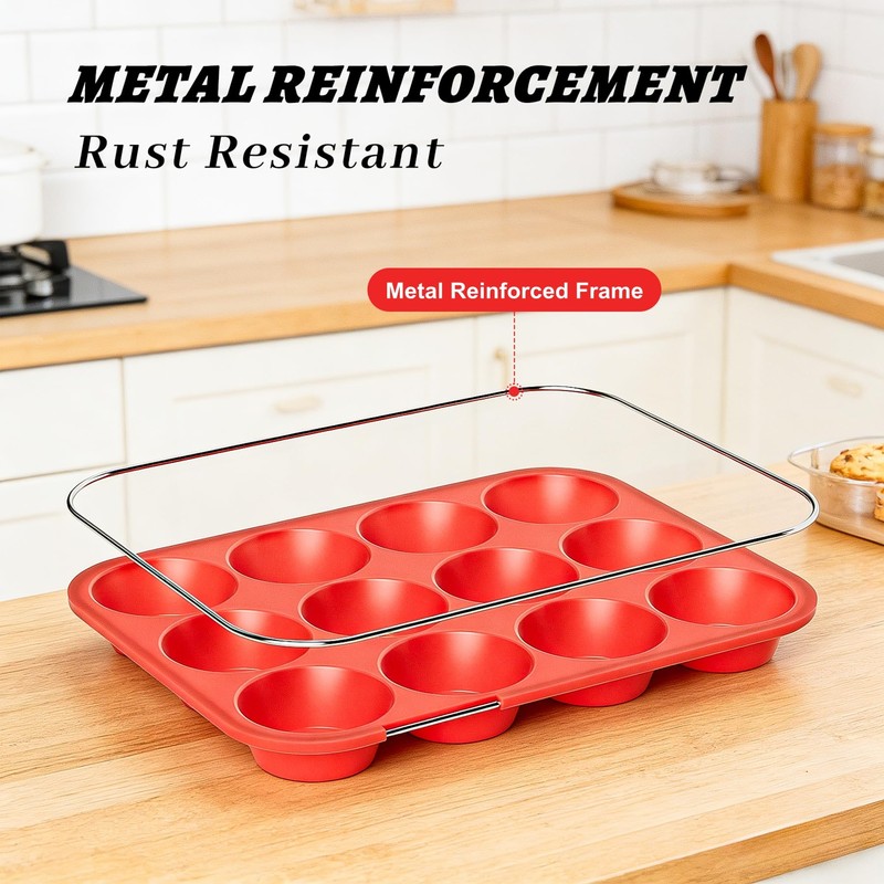 Helpcook 2Pack Silicone Muffin Pans with Metal Reinforced Frame,12 Cup