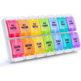 LIDOUK Weekly Pill Box Organiser | Easy to Open 2 Times a Day | Travel Tablet Box with Push Button Pop Open Design | Medication Organiser for Vitamins & Supplements (Double Row with Tray)
