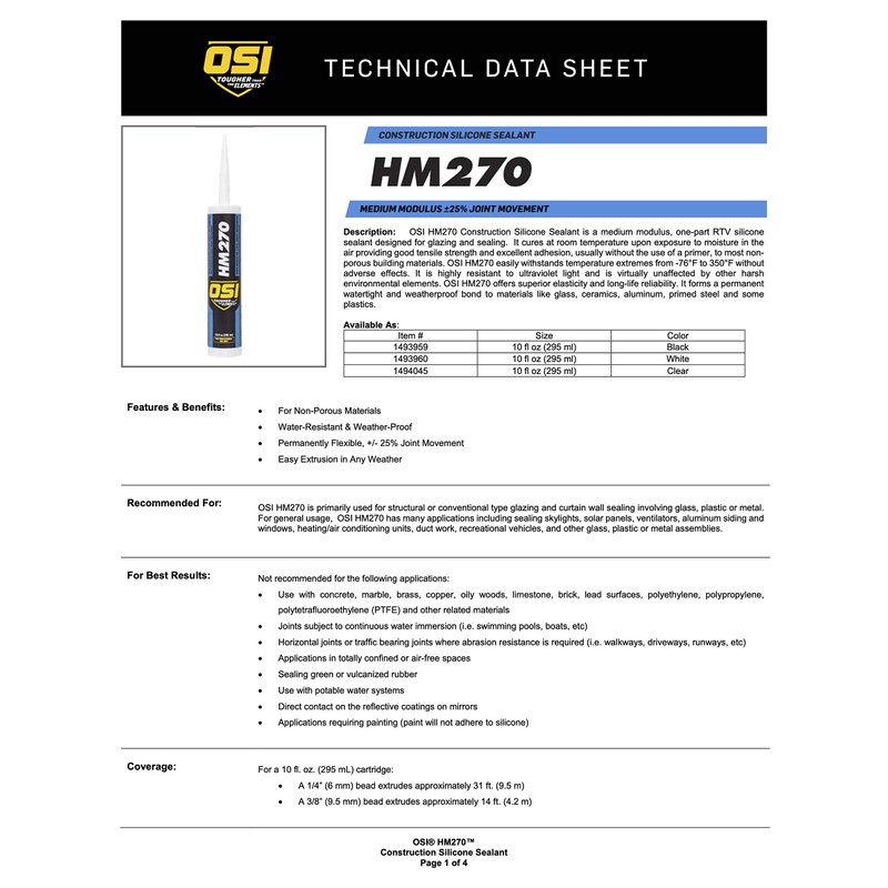 OSI HM-270 Construction Silicone Sealant - 10.2 oz. (12 Tubes