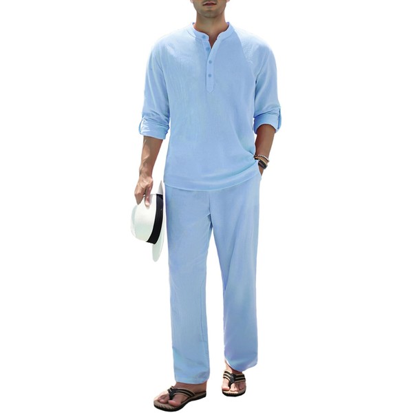 HANXMEN - Conjunto de 2 piezas de algodón y lino para hombre, camisa Henley de manga larga, trajes de playa y pantalones casuales con bolsillos para verano, #1 Azul, Small